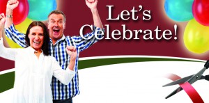 Let's celebrate banner with middle aged couple triumphantly partying