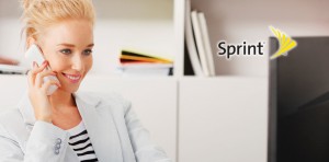 Happy business woman on a phone call with sprint's logo in the corner