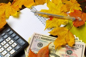 calculator, cash, notepad, and pen under leaves