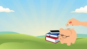 a sunny scene with a piggy bank and books