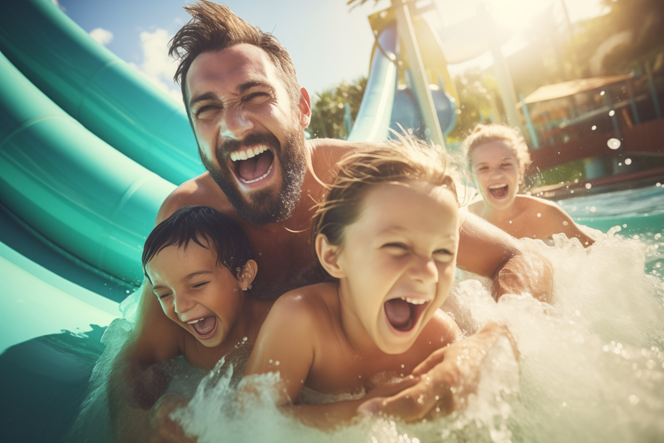 A big family enjoying a day at a water park, capturing the thrill and excitement, leaving space for quotes on exhilaration
