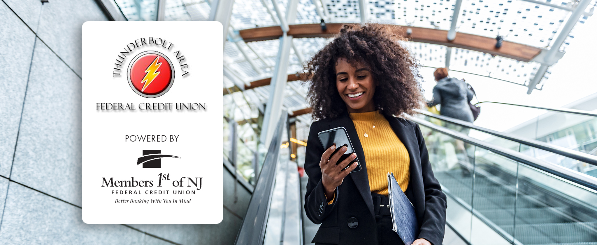 Portrait of young business woman on a escalator
