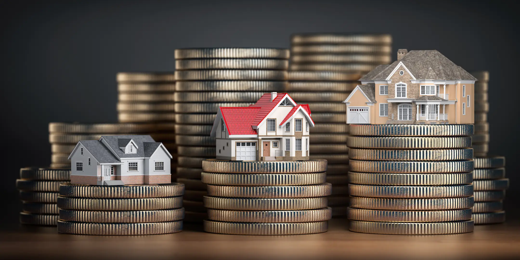 Quarters are stacked in three piles, each with a small model house on top showcasing using home equity.